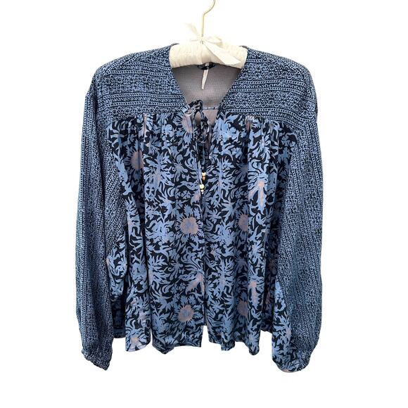 FREE PEOPLE | Boho Blue Floral Peasant Open Front Blouse Top | Medium - Picture 1 of 6